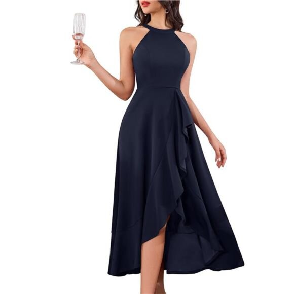 Womens Halter Split Hem Dress Elegant Navy Blue